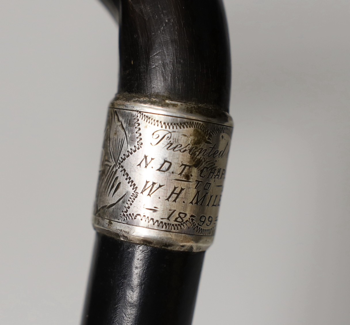 A silver mounted ebony cane with a phallic shaped handle, presented by N.D.T. Chapel to W.H. Miles, 1899. 82cm high